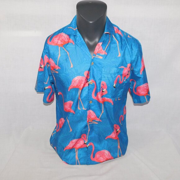 Uzzi Amphibious Gear Mens S Blue Pink Flamingos Hawaiian Camp Short Sleeve Shirt - Picture 1 of 7